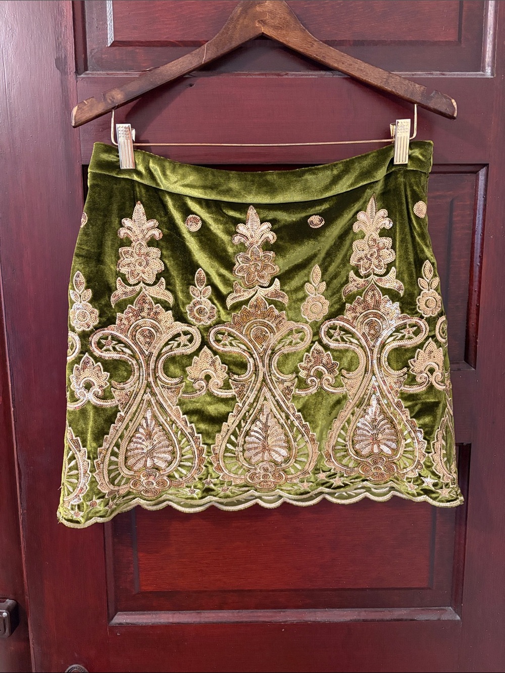Olive Green Velvet Mini Skirt with Gold Embroidered Motif